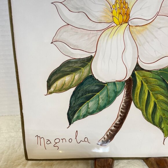 Hand-Painted Ceramic Magnolia Tile Wall Art From Italy - Picture 4 of 10